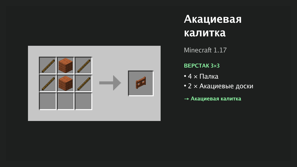 Рецепт: акациевая калитка в Minecraft — 4 × палка, 2 × акациевые доски (верстак 3×3)