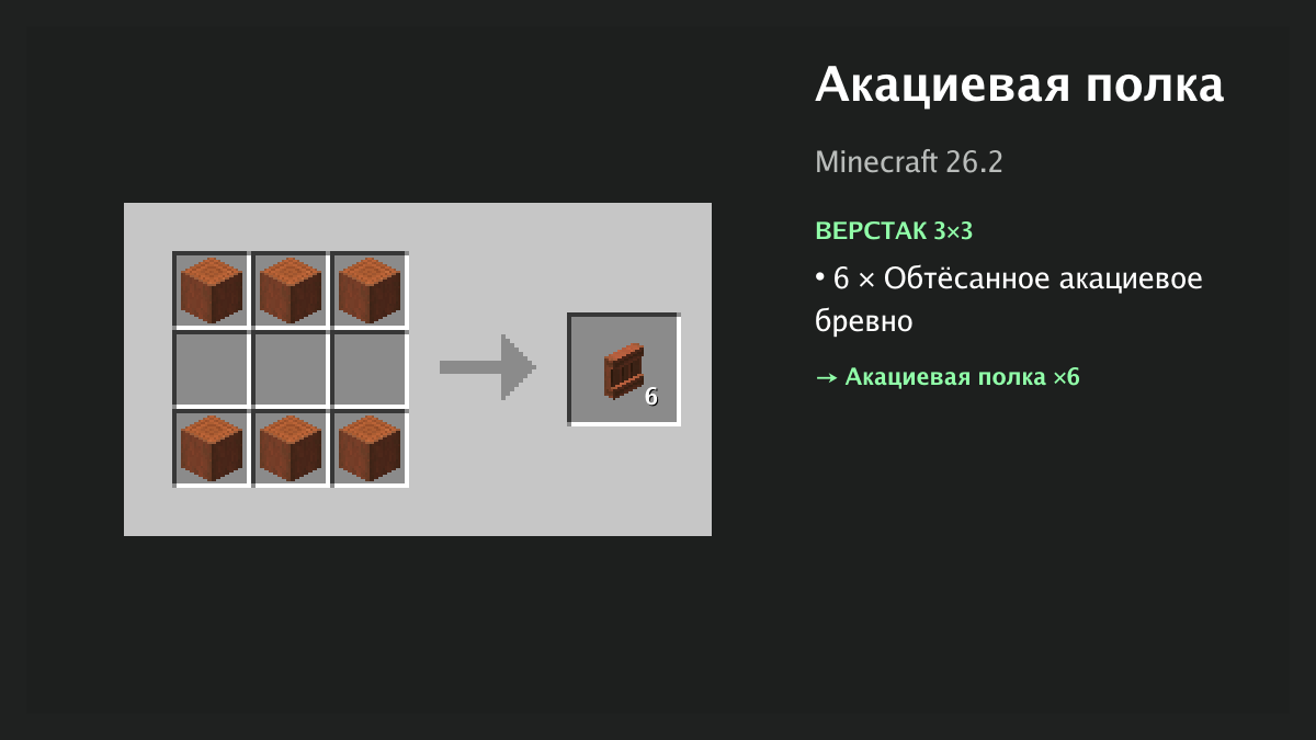 Рецепт: акациевая полка в Minecraft — 6 × обтёсанное акациевое бревно (верстак 3×3)