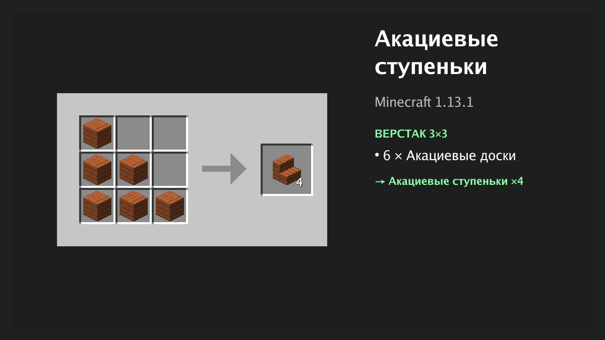 Рецепт: акациевые ступеньки в Minecraft — 6 × акациевые доски (верстак 3×3)