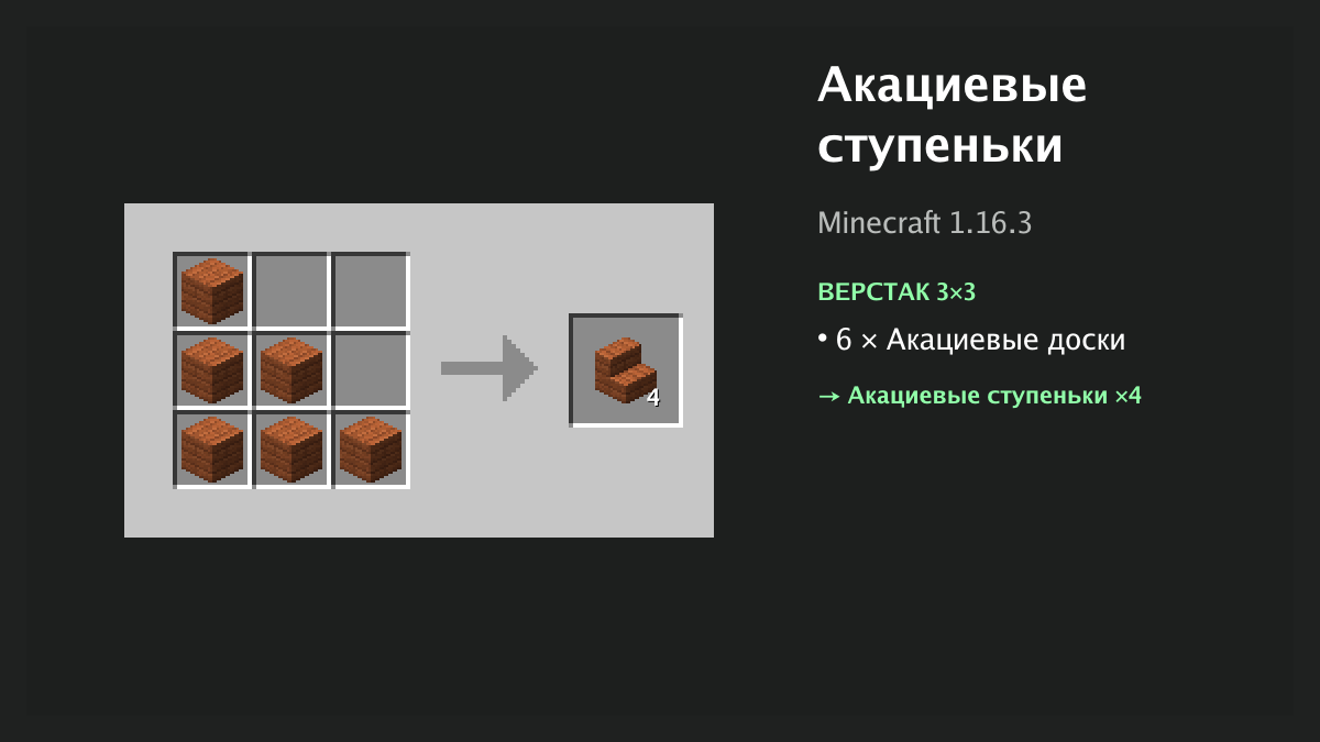 Рецепт: акациевые ступеньки в Minecraft — 6 × акациевые доски (верстак 3×3)