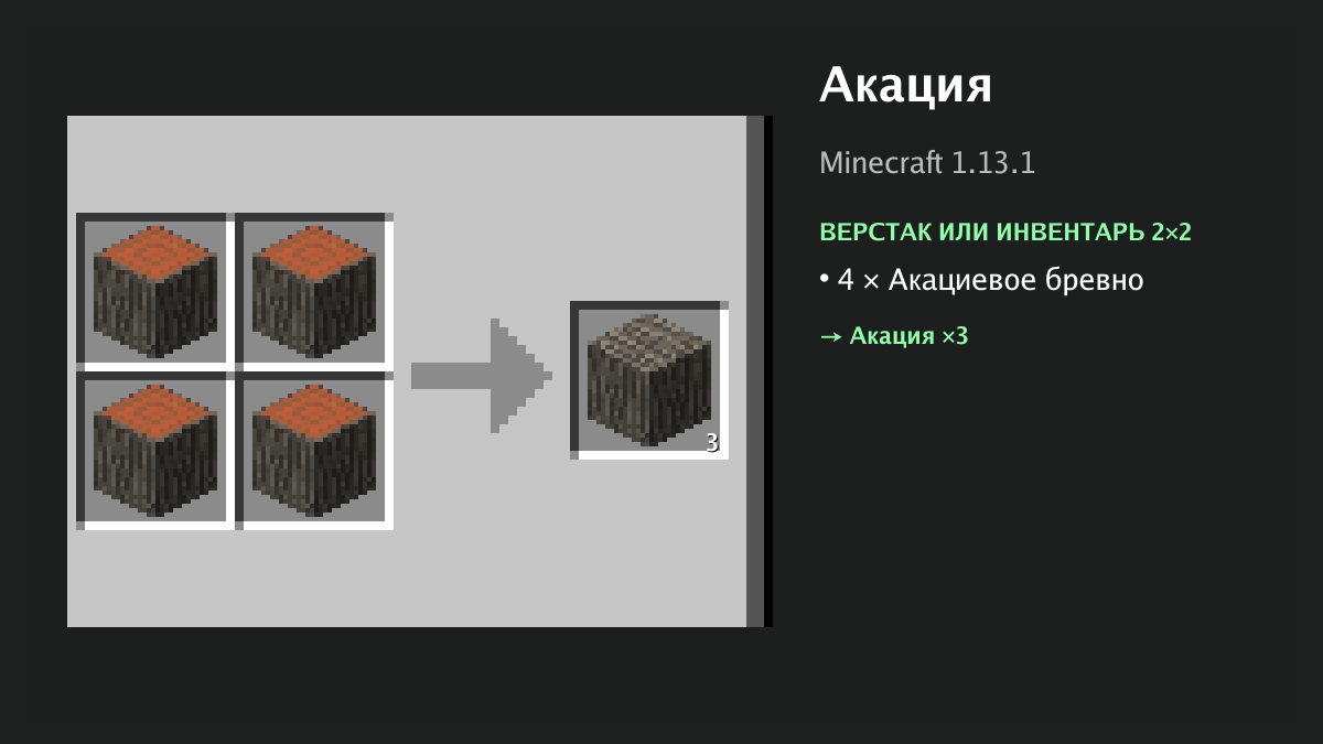 Рецепт: акация в Minecraft — 4 × акациевое бревно (верстак или инвентарь 2×2)