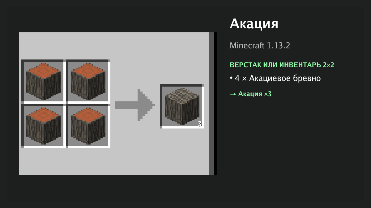 Рецепт: акация в Minecraft — 4 × акациевое бревно (верстак или инвентарь 2×2)