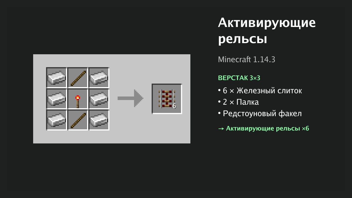 Рецепт: активирующие рельсы в Minecraft — 6 × железный слиток, 2 × палка, редстоуновый факел (верстак 3×3)