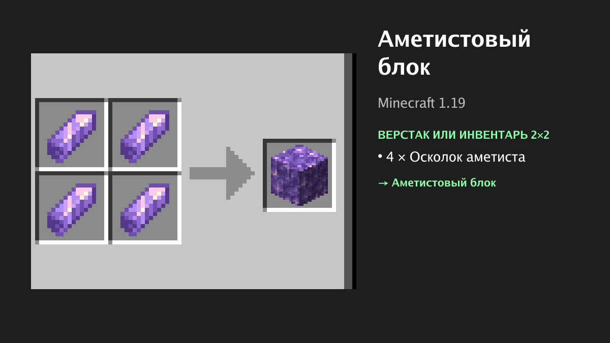 Рецепт: аметистовый блок в Minecraft — 4 × осколок аметиста (верстак или инвентарь 2×2)