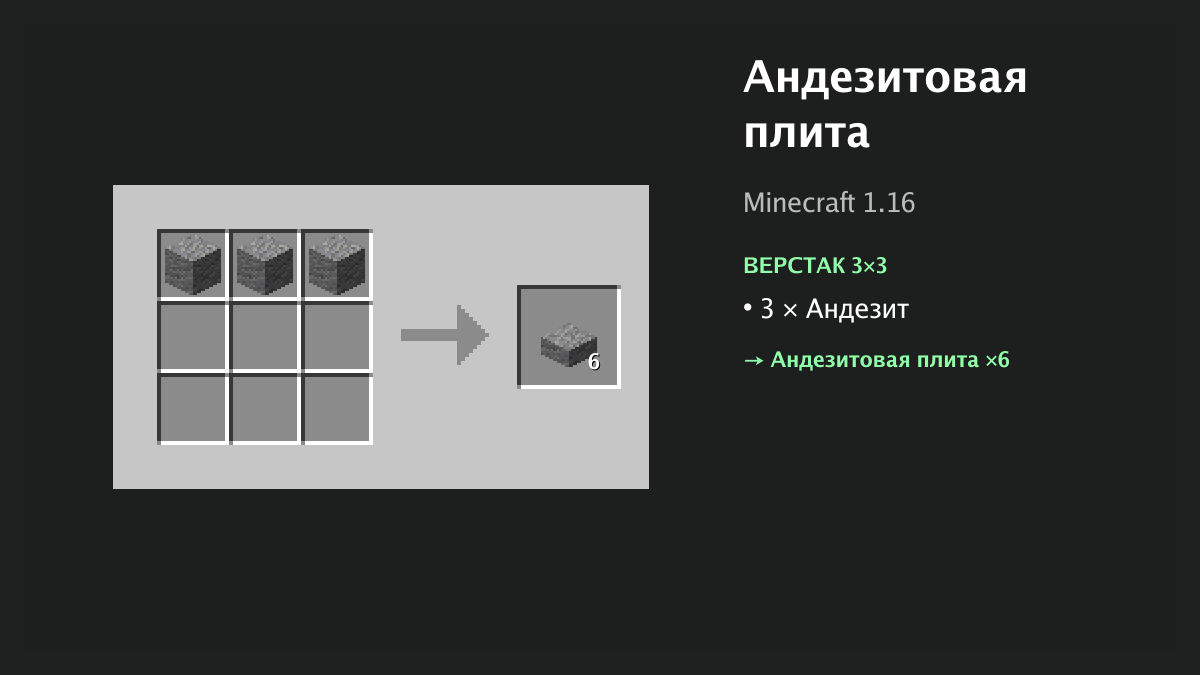 Рецепт: андезитовая плита в Minecraft — 3 × андезит (верстак 3×3)