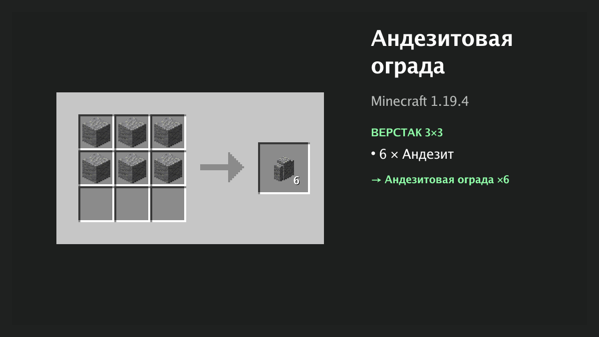 Рецепт: андезитовая ограда в Minecraft — 6 × андезит (верстак 3×3)