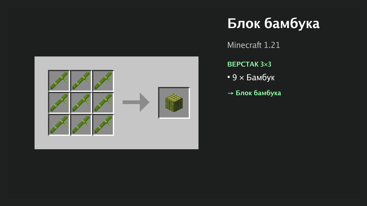 Рецепт: блок бамбука в Minecraft — 9 × бамбук (верстак 3×3)