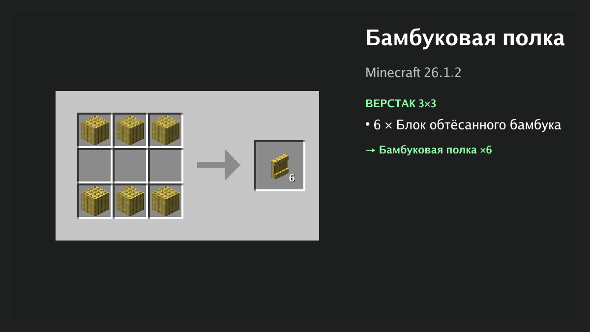 Рецепт: бамбуковая полка в Minecraft — 6 × блок обтёсанного бамбука (верстак 3×3)