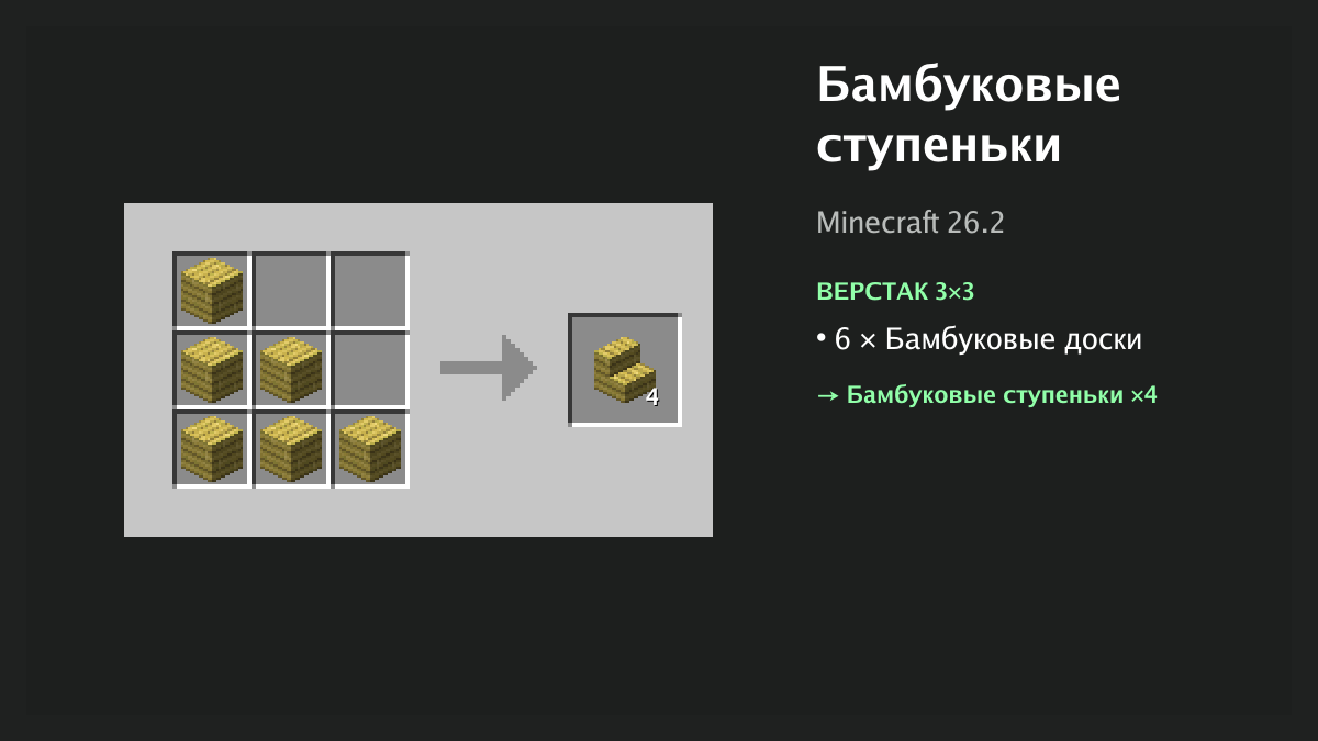 Рецепт: бамбуковые ступеньки в Minecraft — 6 × бамбуковые доски (верстак 3×3)