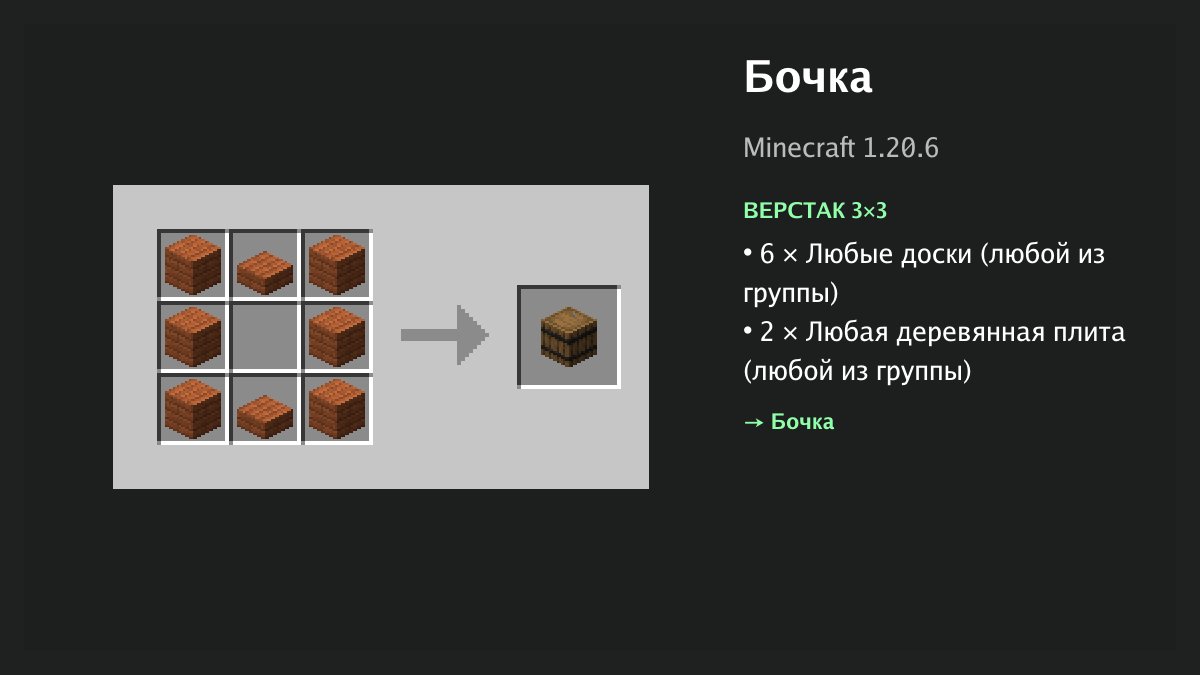 Рецепт: бочка в Minecraft — 6 × любые доски, 2 × любая деревянная плита (верстак 3×3)