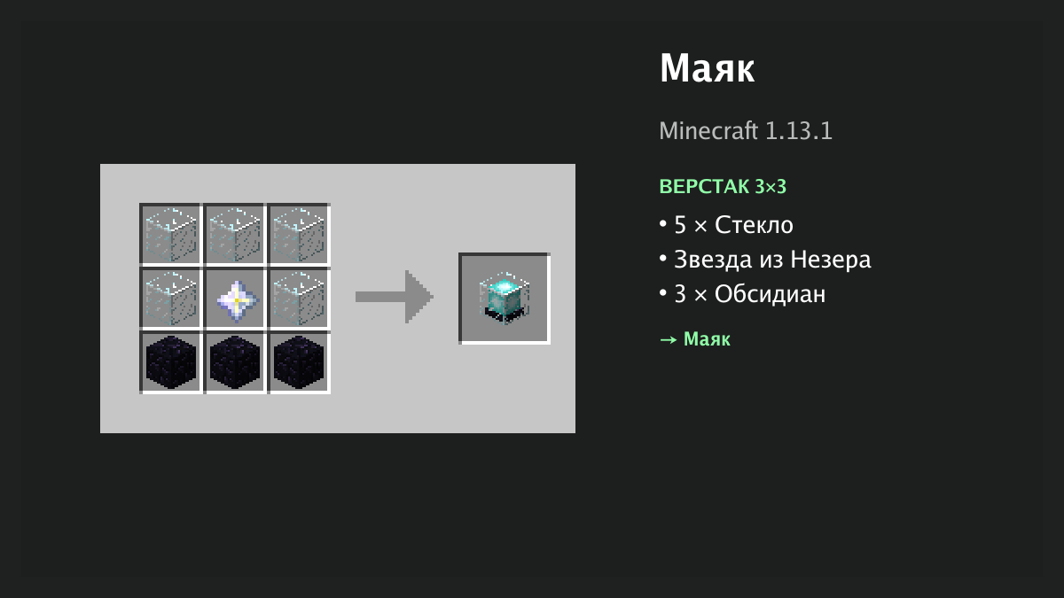 Рецепт: маяк в Minecraft — 5 × стекло, звезда из незера, 3 × обсидиан (верстак 3×3)