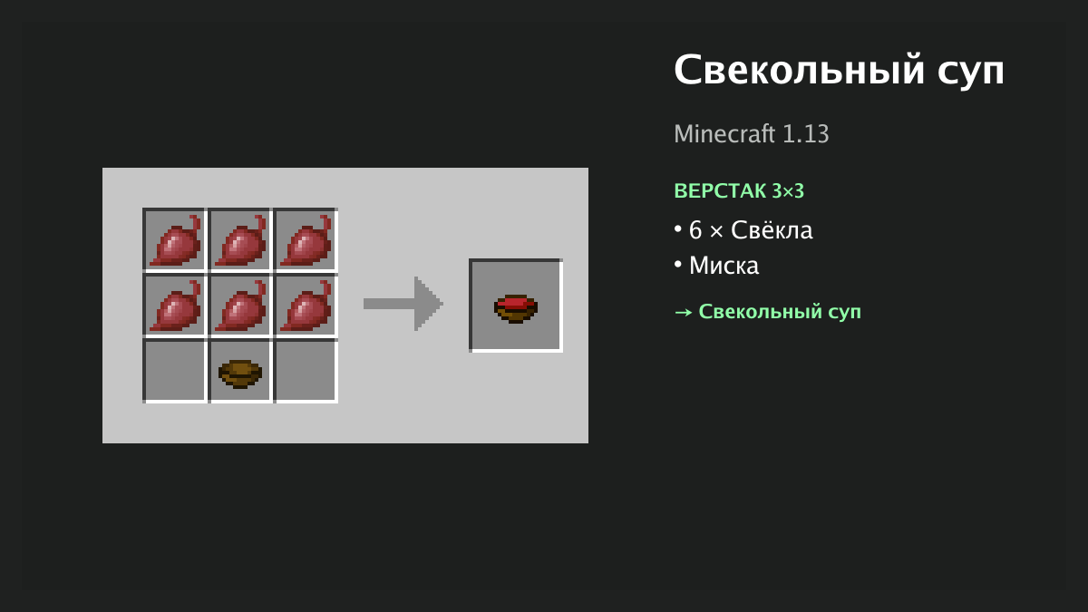 Рецепт: свекольный суп в Minecraft — 6 × свёкла, миска (верстак 3×3)