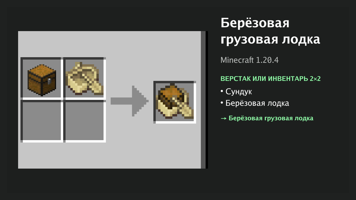 Рецепт: берёзовая грузовая лодка в Minecraft — сундук, берёзовая лодка (верстак или инвентарь 2×2)