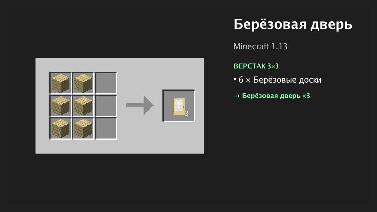 Рецепт: берёзовая дверь в Minecraft — 6 × берёзовые доски (верстак 3×3)