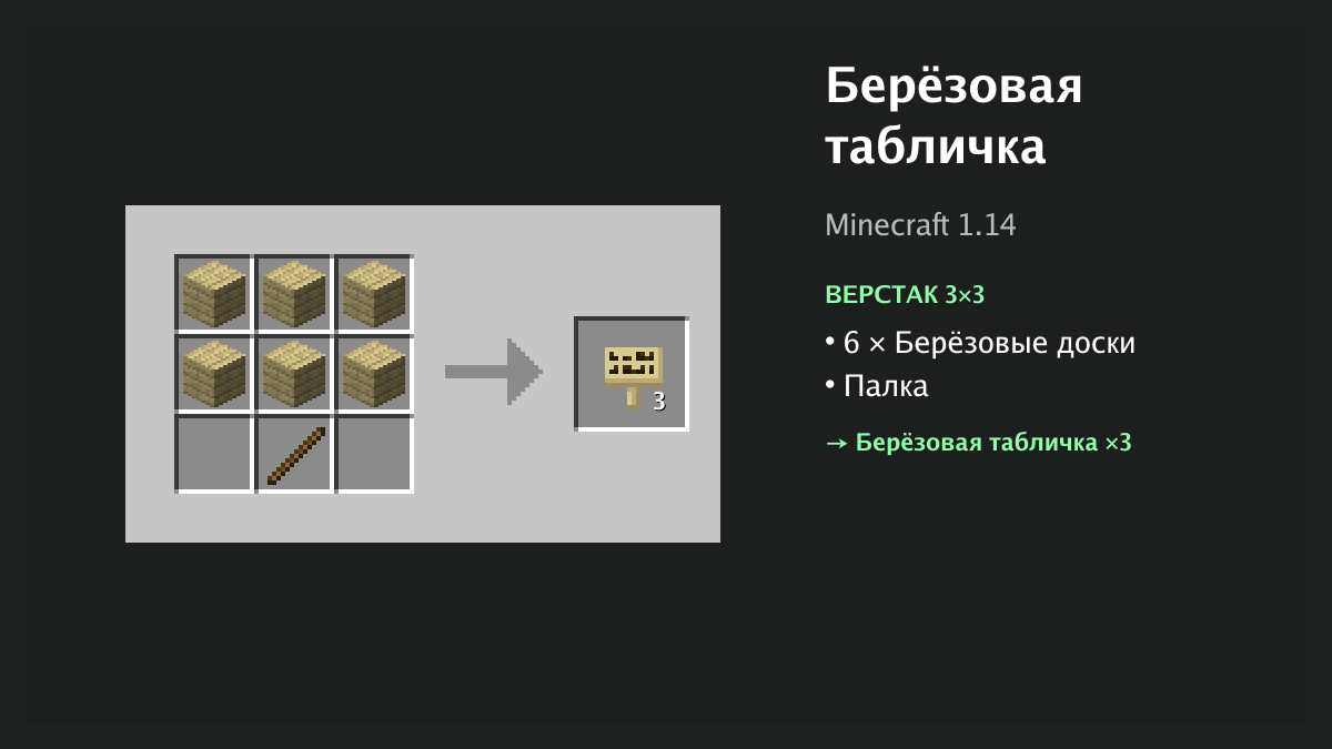 Рецепт: берёзовая табличка в Minecraft — 6 × берёзовые доски, палка (верстак 3×3)