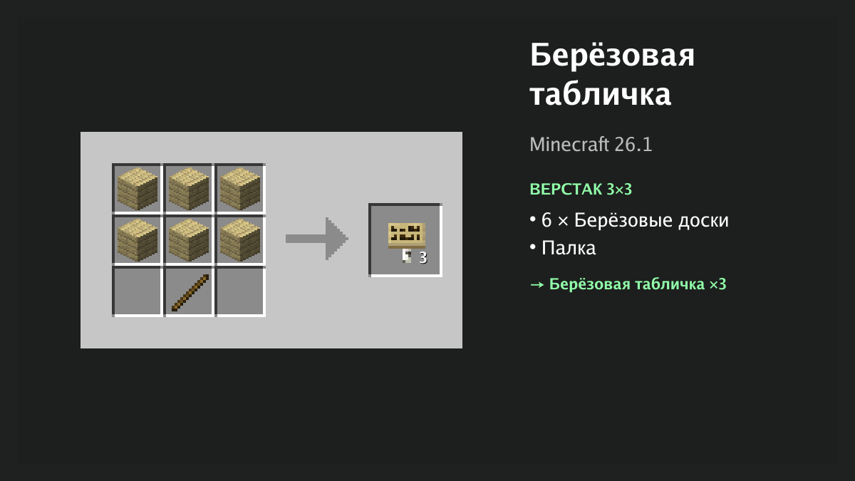 Рецепт: берёзовая табличка в Minecraft — 6 × берёзовые доски, палка (верстак 3×3)