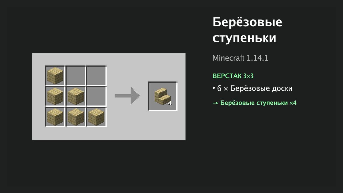 Рецепт: берёзовые ступеньки в Minecraft — 6 × берёзовые доски (верстак 3×3)