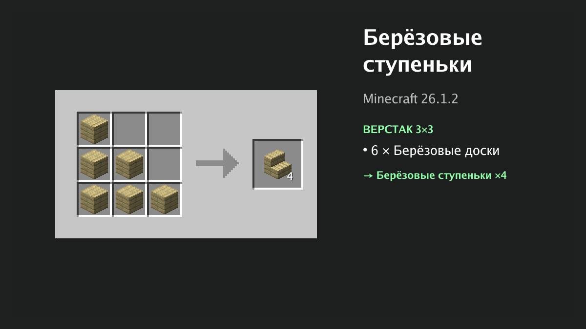 Рецепт: берёзовые ступеньки в Minecraft — 6 × берёзовые доски (верстак 3×3)
