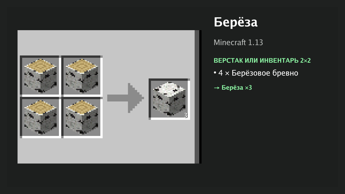Рецепт: берёза в Minecraft — 4 × берёзовое бревно (верстак или инвентарь 2×2)
