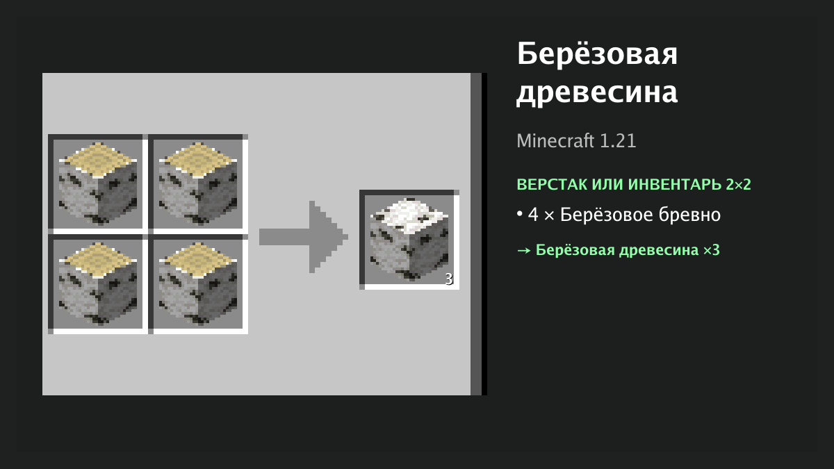 Рецепт: берёзовая древесина в Minecraft — 4 × берёзовое бревно (верстак или инвентарь 2×2)