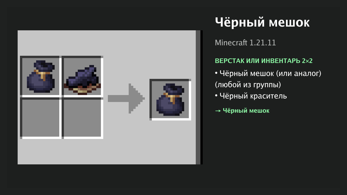 Рецепт: чёрный мешок в Minecraft — чёрный мешок (или аналог), чёрный краситель (верстак или инвентарь 2×2)