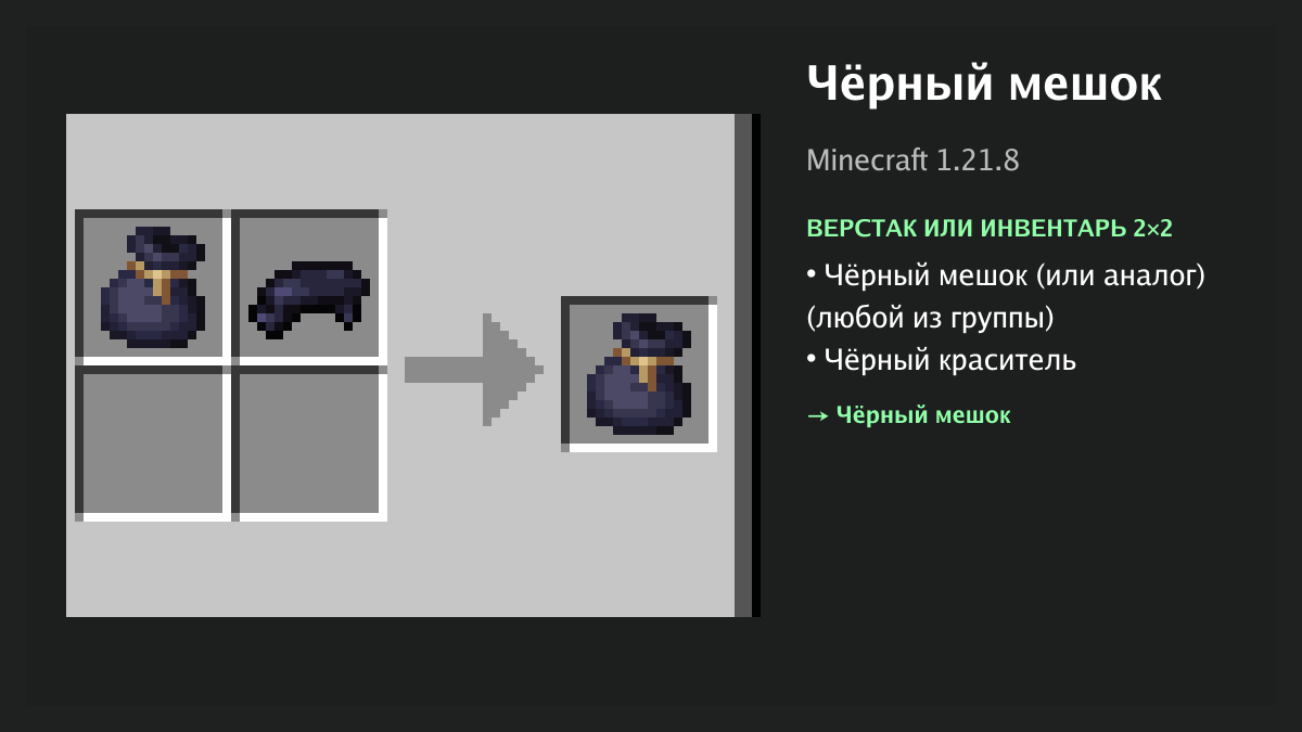 Рецепт: чёрный мешок в Minecraft — чёрный мешок (или аналог), чёрный краситель (верстак или инвентарь 2×2)