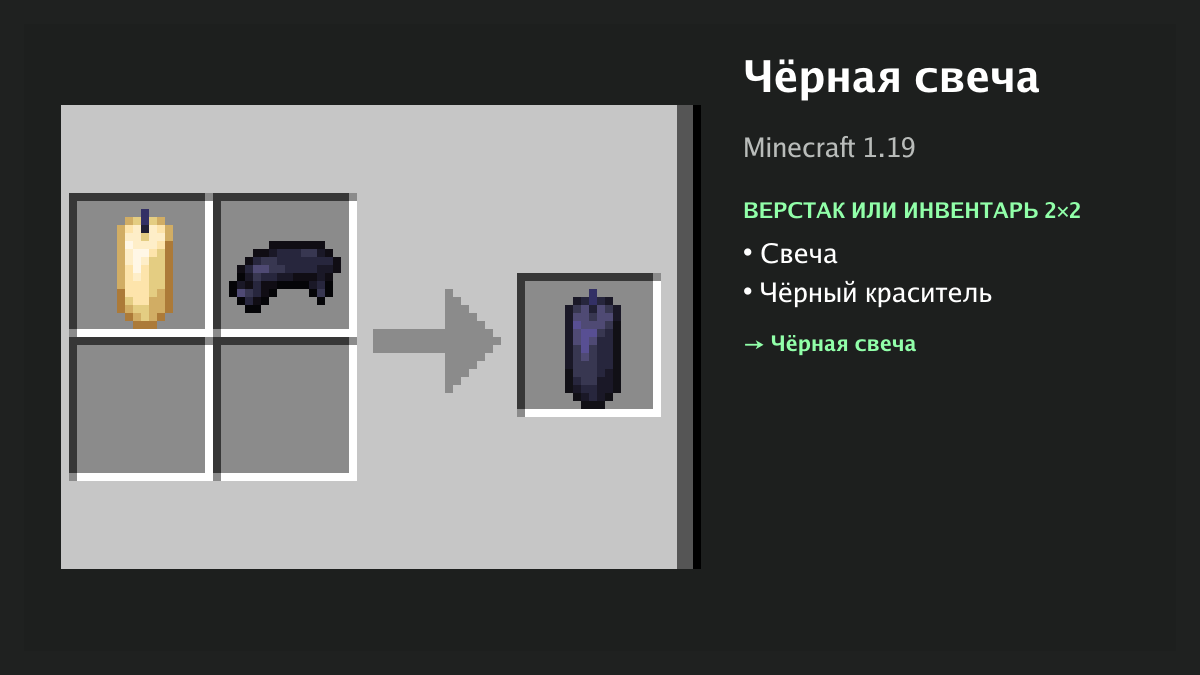 Рецепт: чёрная свеча в Minecraft — свеча, чёрный краситель (верстак или инвентарь 2×2)