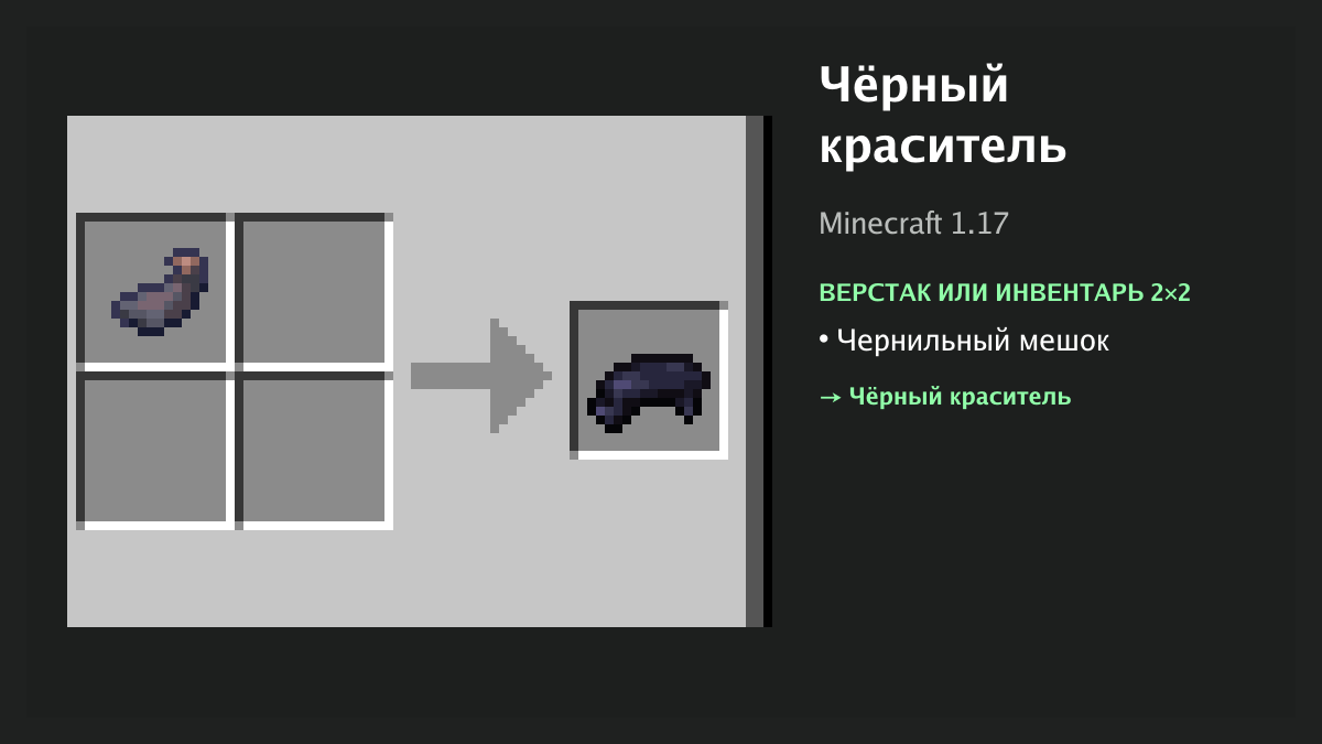 Рецепт: чёрный краситель в Minecraft — чернильный мешок (верстак или инвентарь 2×2)