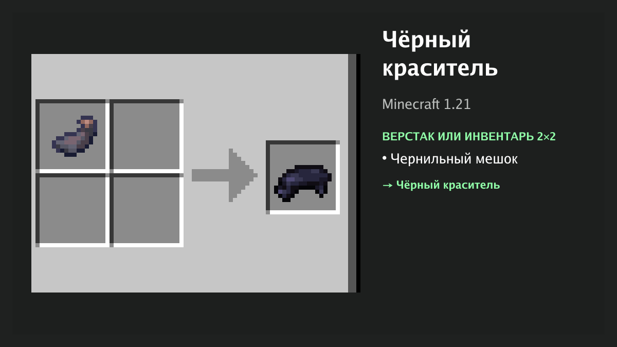 Рецепт: чёрный краситель в Minecraft — чернильный мешок (верстак или инвентарь 2×2)