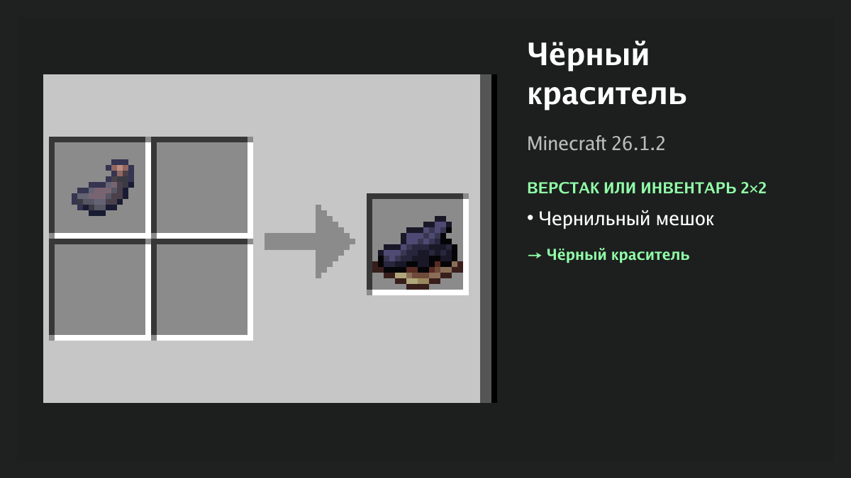 Рецепт: чёрный краситель в Minecraft — чернильный мешок (верстак или инвентарь 2×2)