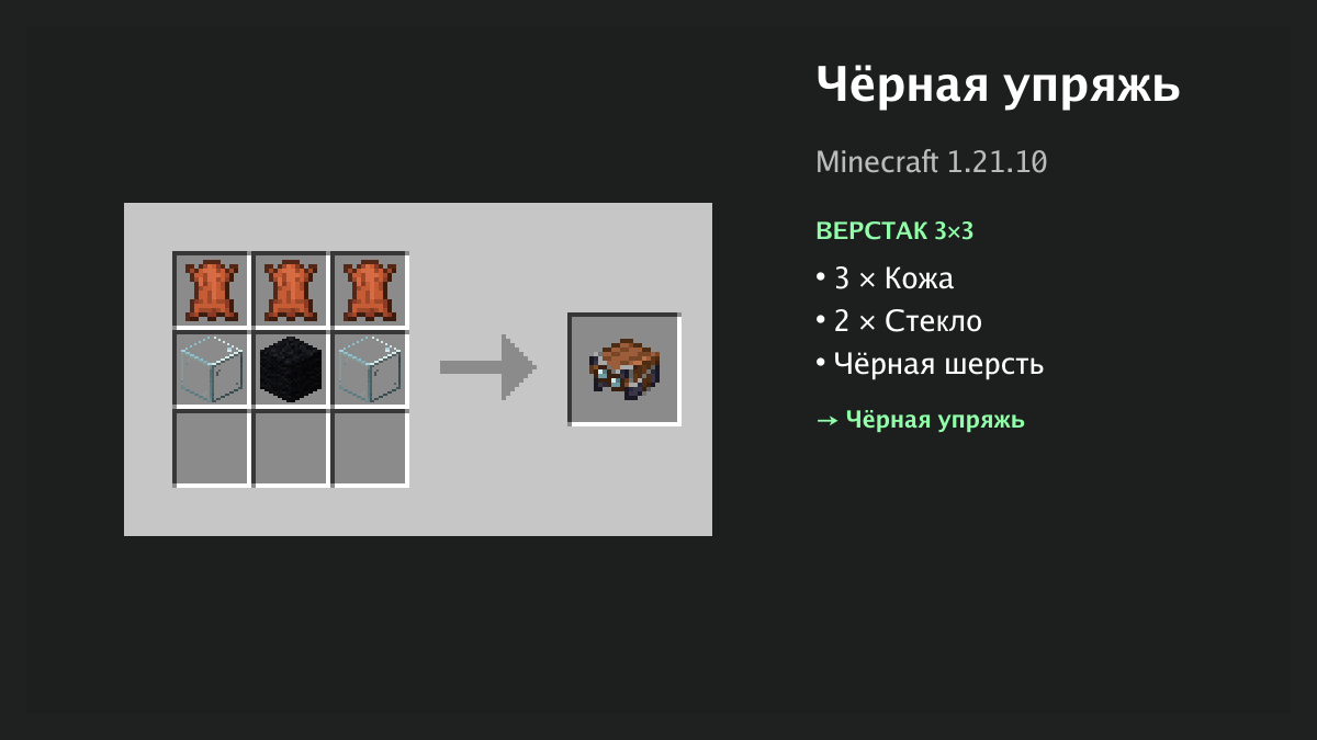 Рецепт: чёрная упряжь в Minecraft — 3 × кожа, 2 × стекло, чёрная шерсть (верстак 3×3)