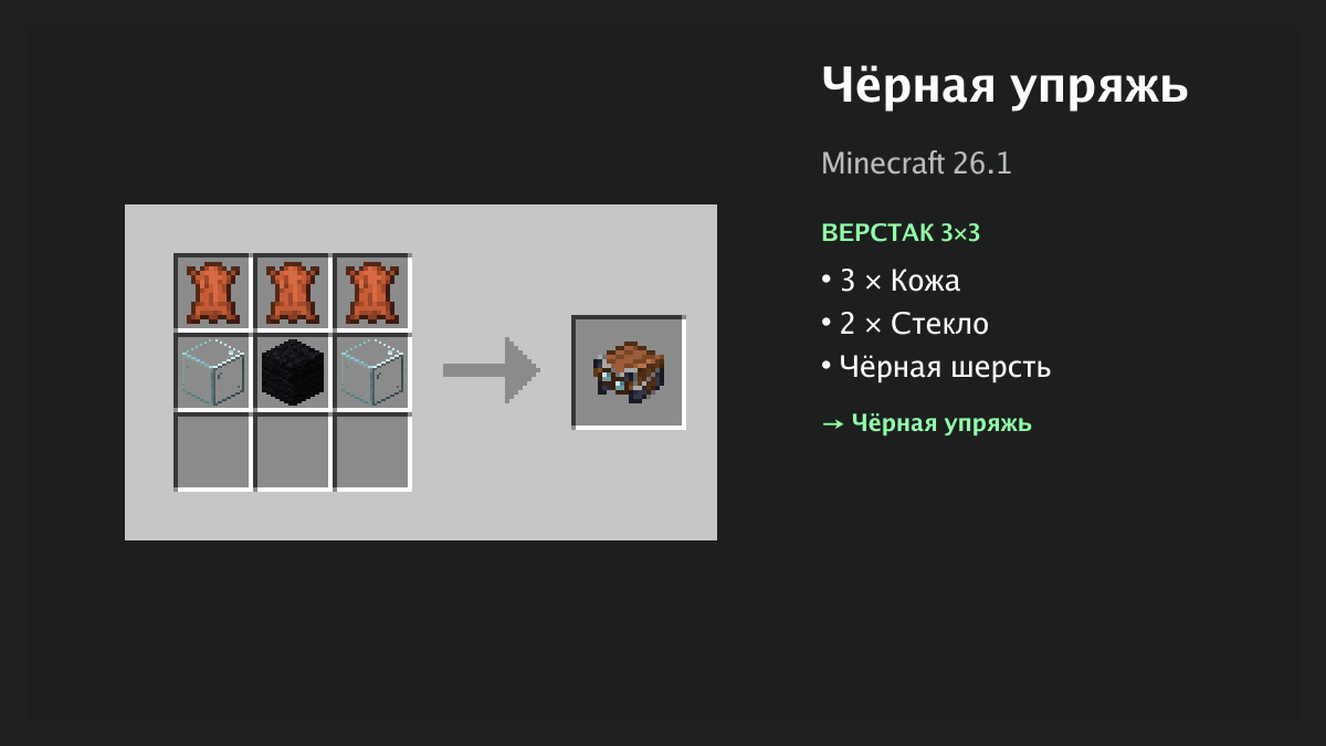Рецепт: чёрная упряжь в Minecraft — 3 × кожа, 2 × стекло, чёрная шерсть (верстак 3×3)