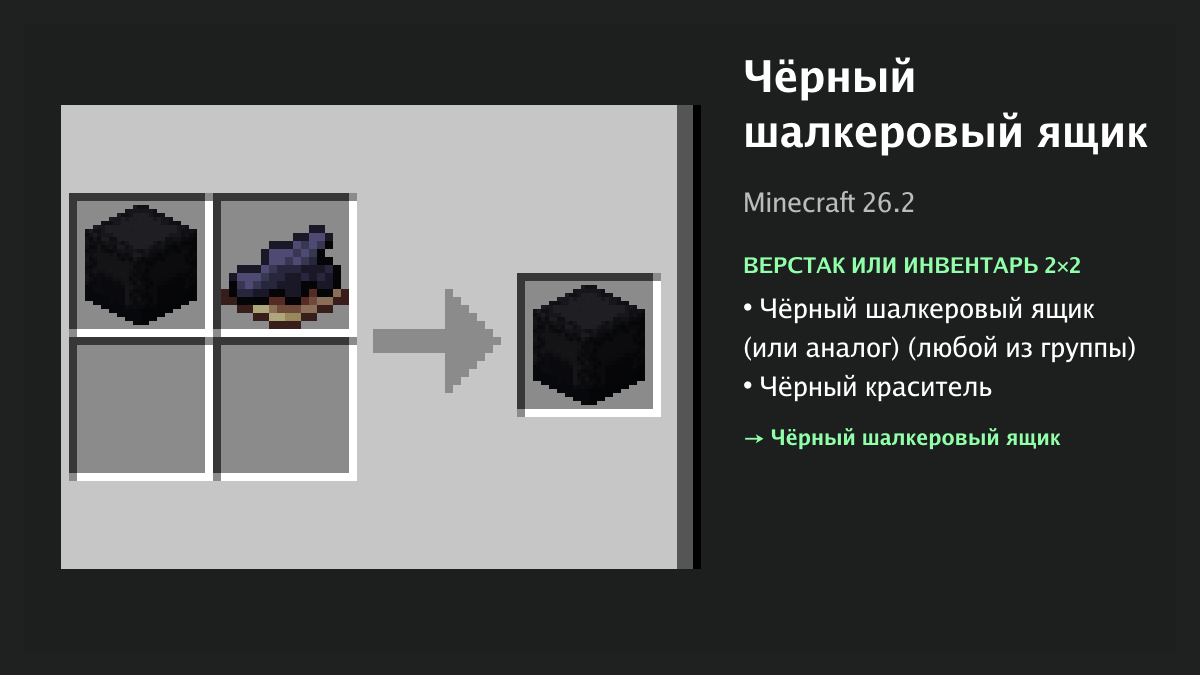 Рецепт: чёрный шалкеровый ящик в Minecraft — чёрный шалкеровый ящик (или аналог), чёрный краситель (верстак или инвентарь 2×2)