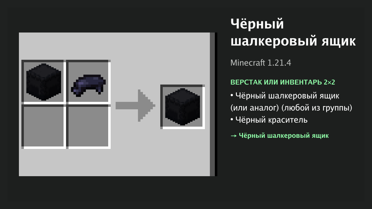 Рецепт: чёрный шалкеровый ящик в Minecraft — чёрный шалкеровый ящик (или аналог), чёрный краситель (верстак или инвентарь 2×2)