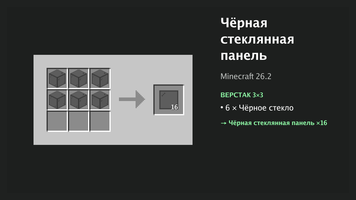 Рецепт: чёрная стеклянная панель в Minecraft — 6 × чёрное стекло (верстак 3×3)