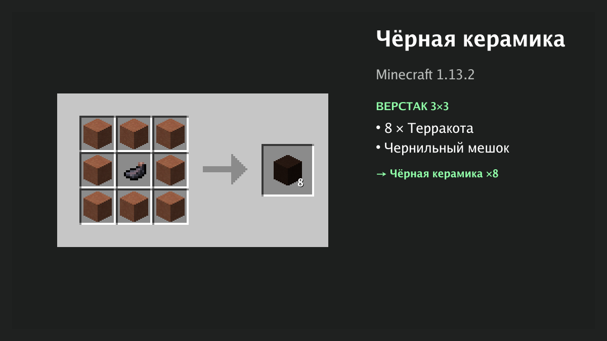Рецепт: чёрная керамика в Minecraft — 8 × терракота, чернильный мешок (верстак 3×3)