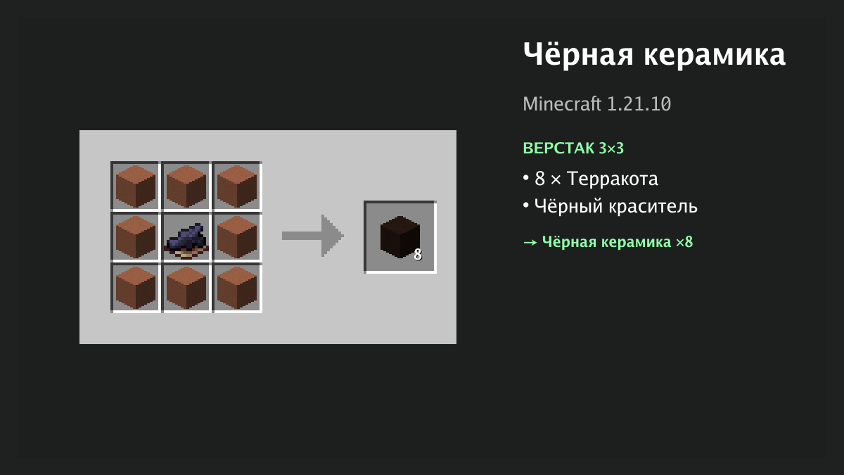 Рецепт: чёрная керамика в Minecraft — 8 × терракота, чёрный краситель (верстак 3×3)