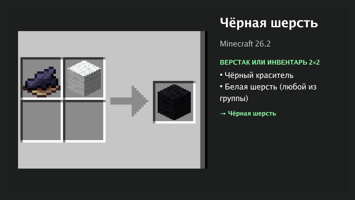 Рецепт: чёрная шерсть в Minecraft — чёрный краситель, белая шерсть (верстак или инвентарь 2×2)