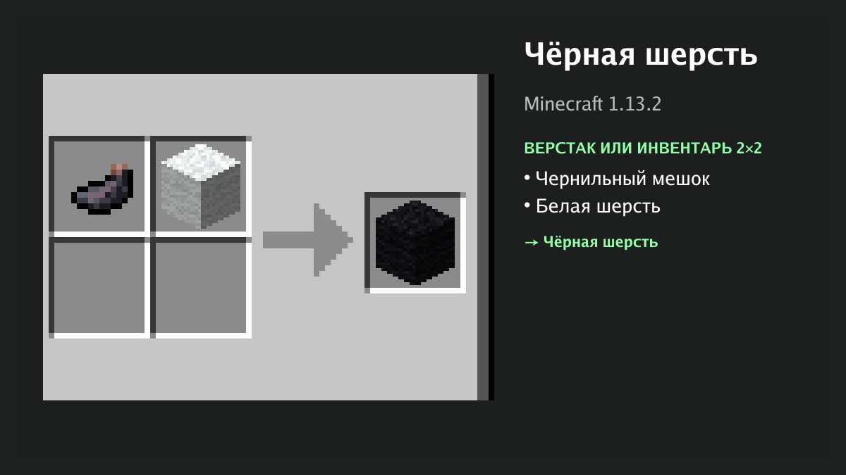 Рецепт: чёрная шерсть в Minecraft — чернильный мешок, белая шерсть (верстак или инвентарь 2×2)