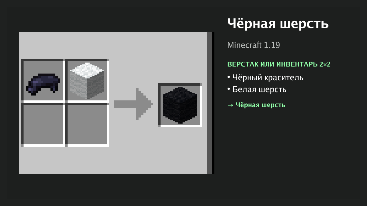 Рецепт: чёрная шерсть в Minecraft — чёрный краситель, белая шерсть (верстак или инвентарь 2×2)