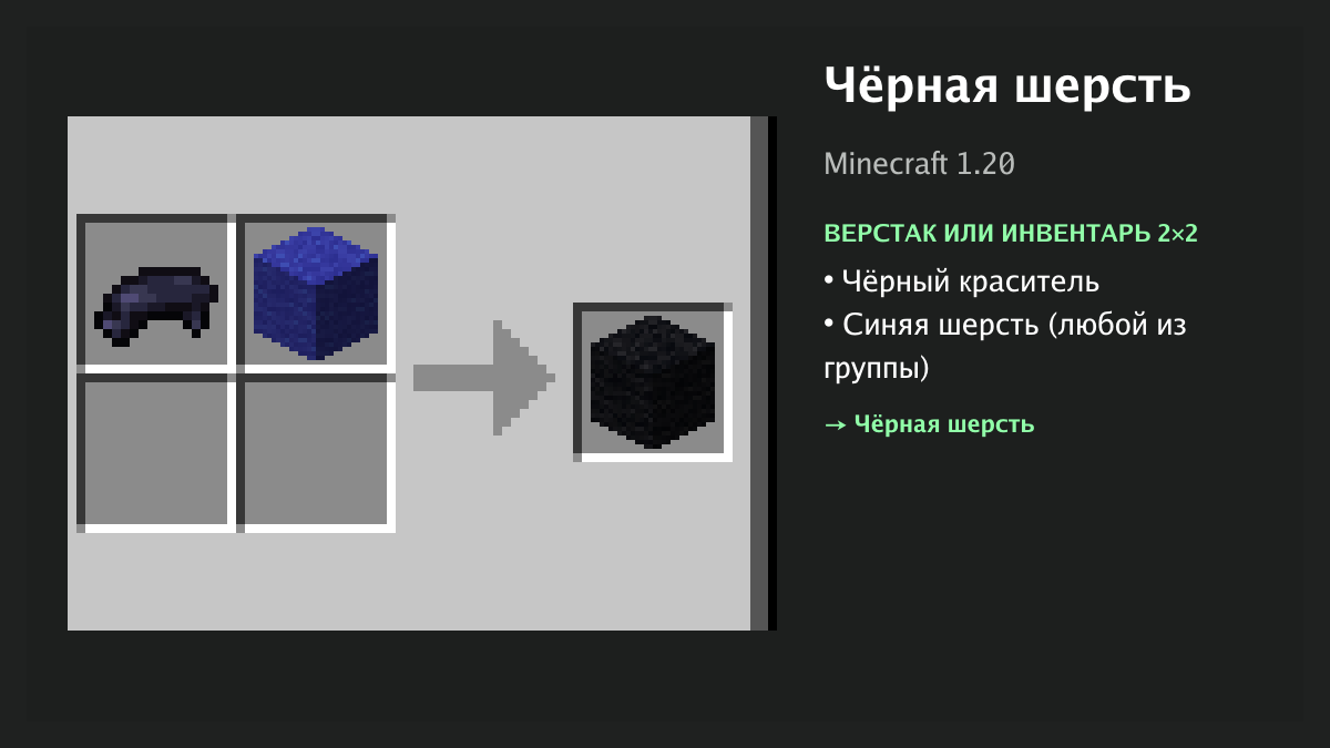 Рецепт: чёрная шерсть в Minecraft — чёрный краситель, синяя шерсть (верстак или инвентарь 2×2)