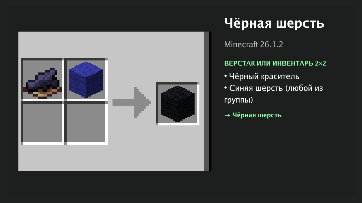 Рецепт: чёрная шерсть в Minecraft — чёрный краситель, синяя шерсть (верстак или инвентарь 2×2)