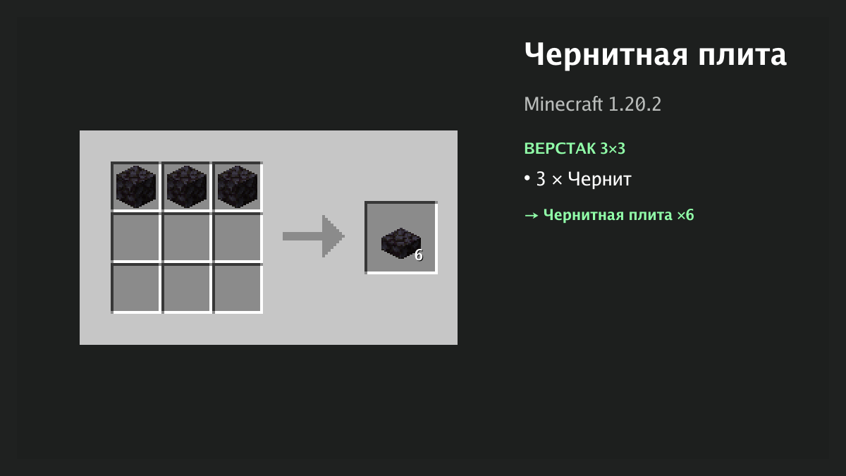 Рецепт: чернитная плита в Minecraft — 3 × чернит (верстак 3×3)