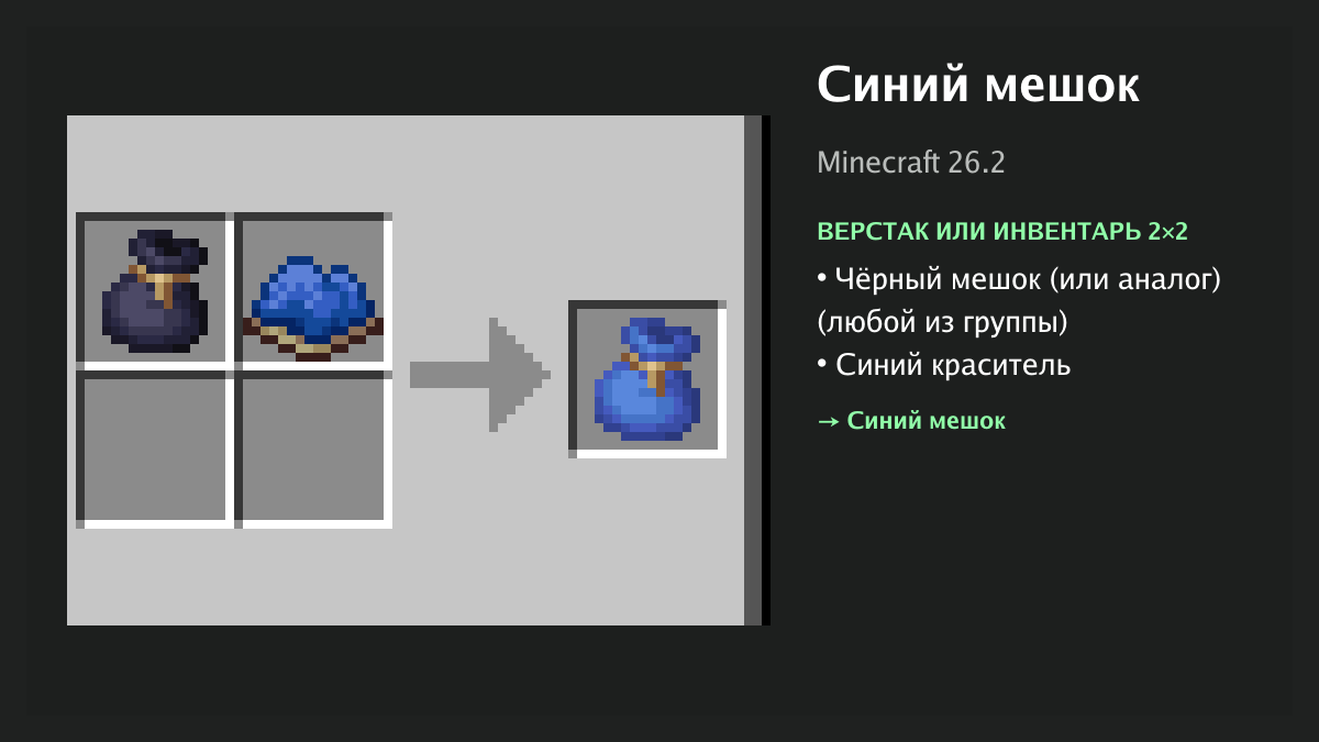 Рецепт: синий мешок в Minecraft — чёрный мешок (или аналог), синий краситель (верстак или инвентарь 2×2)