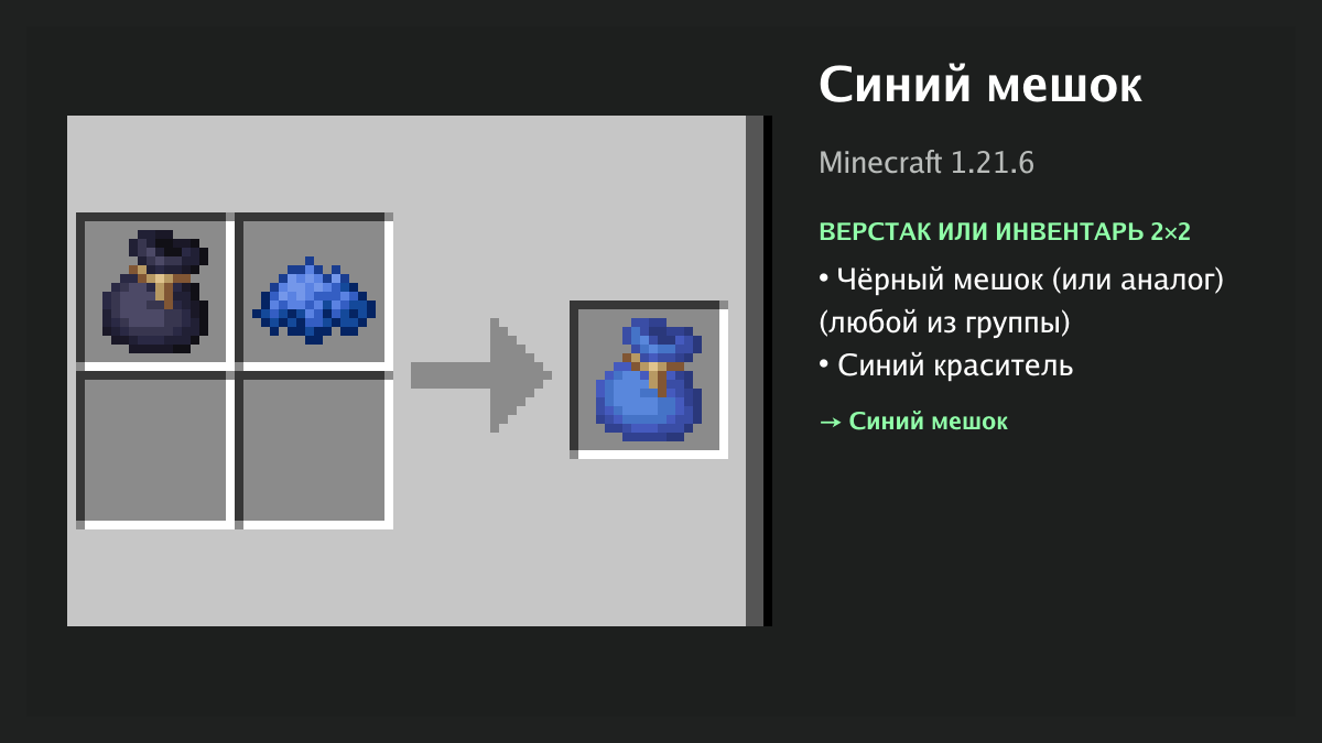 Рецепт: синий мешок в Minecraft — чёрный мешок (или аналог), синий краситель (верстак или инвентарь 2×2)