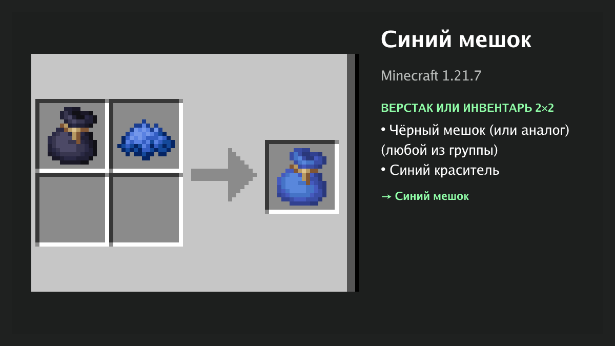 Рецепт: синий мешок в Minecraft — чёрный мешок (или аналог), синий краситель (верстак или инвентарь 2×2)