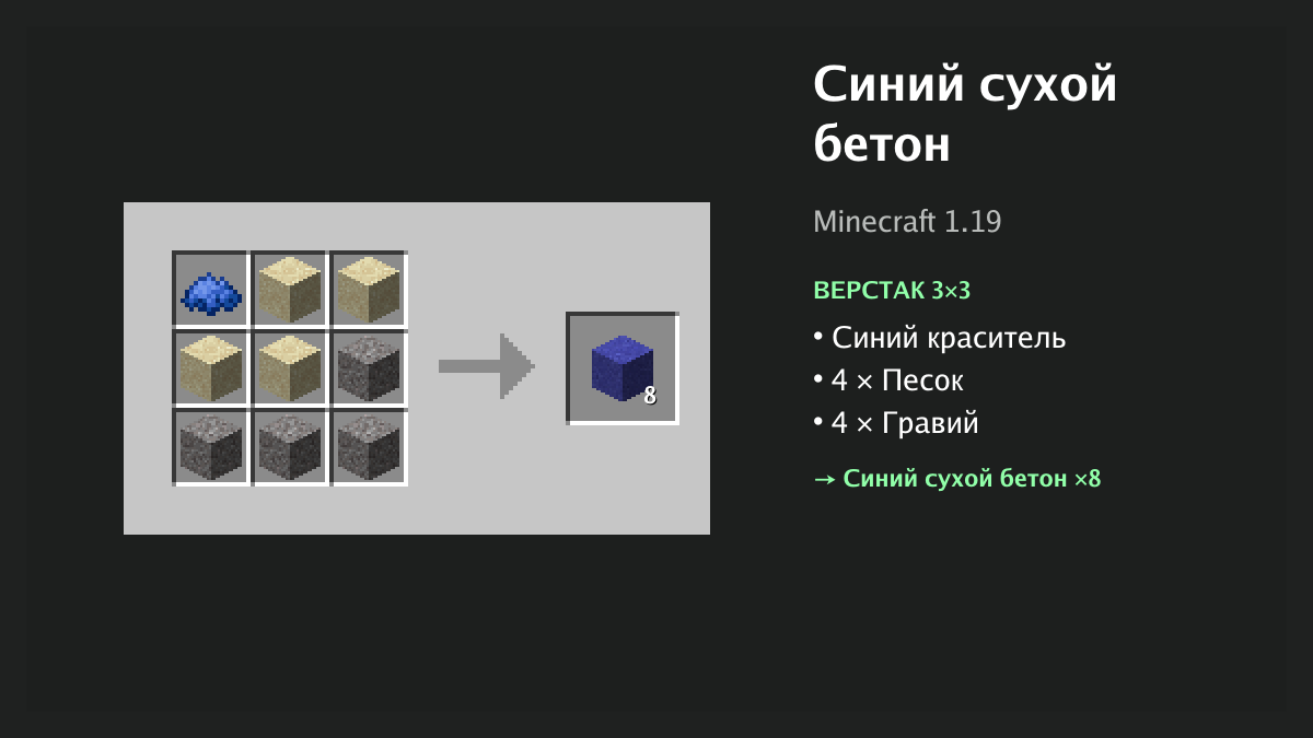 Рецепт: синий сухой бетон в Minecraft — синий краситель, 4 × песок, 4 × гравий (верстак 3×3)