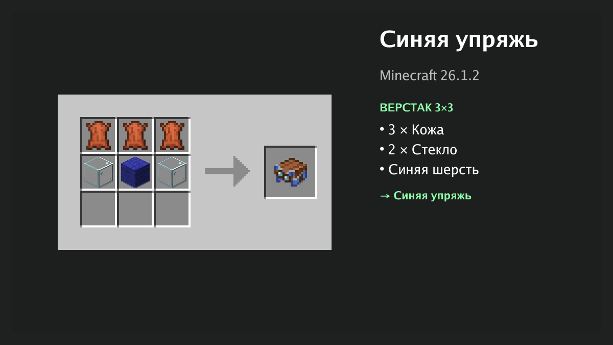 Рецепт: синяя упряжь в Minecraft — 3 × кожа, 2 × стекло, синяя шерсть (верстак 3×3)