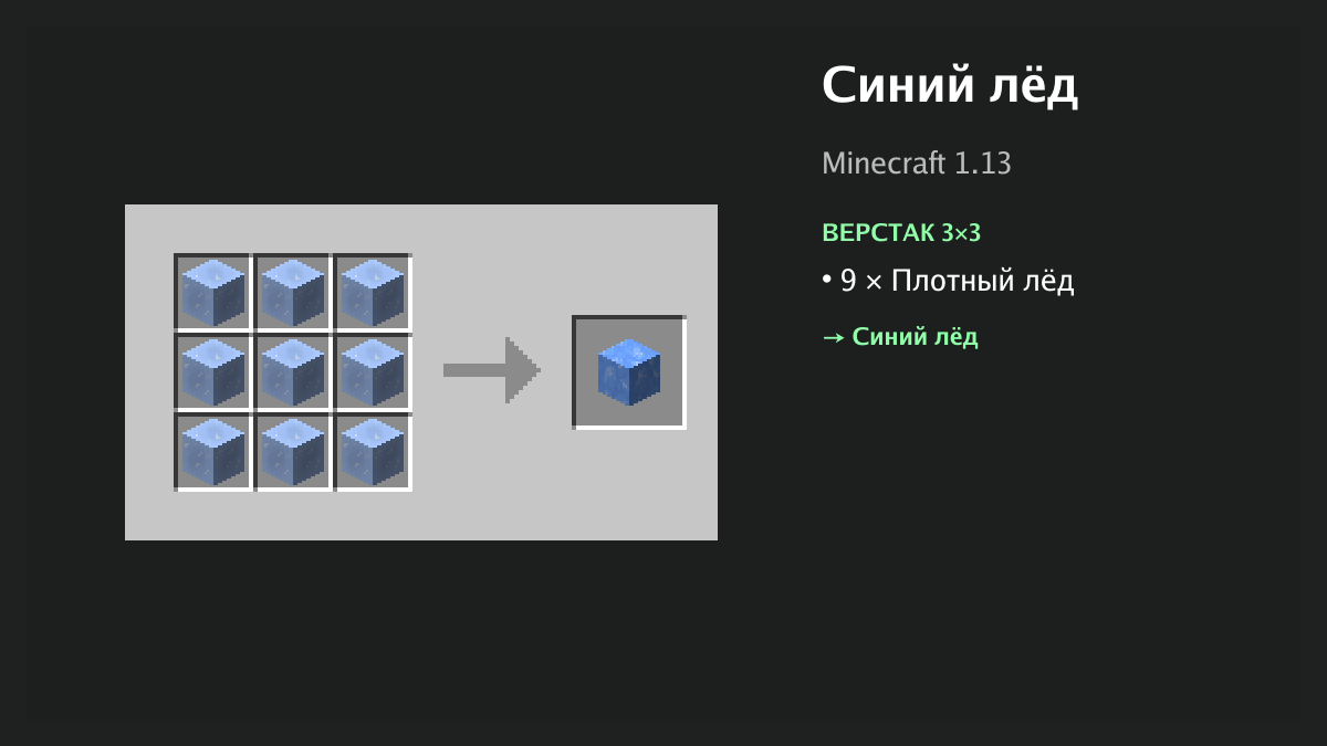 Рецепт: синий лёд в Minecraft — 9 × плотный лёд (верстак 3×3)