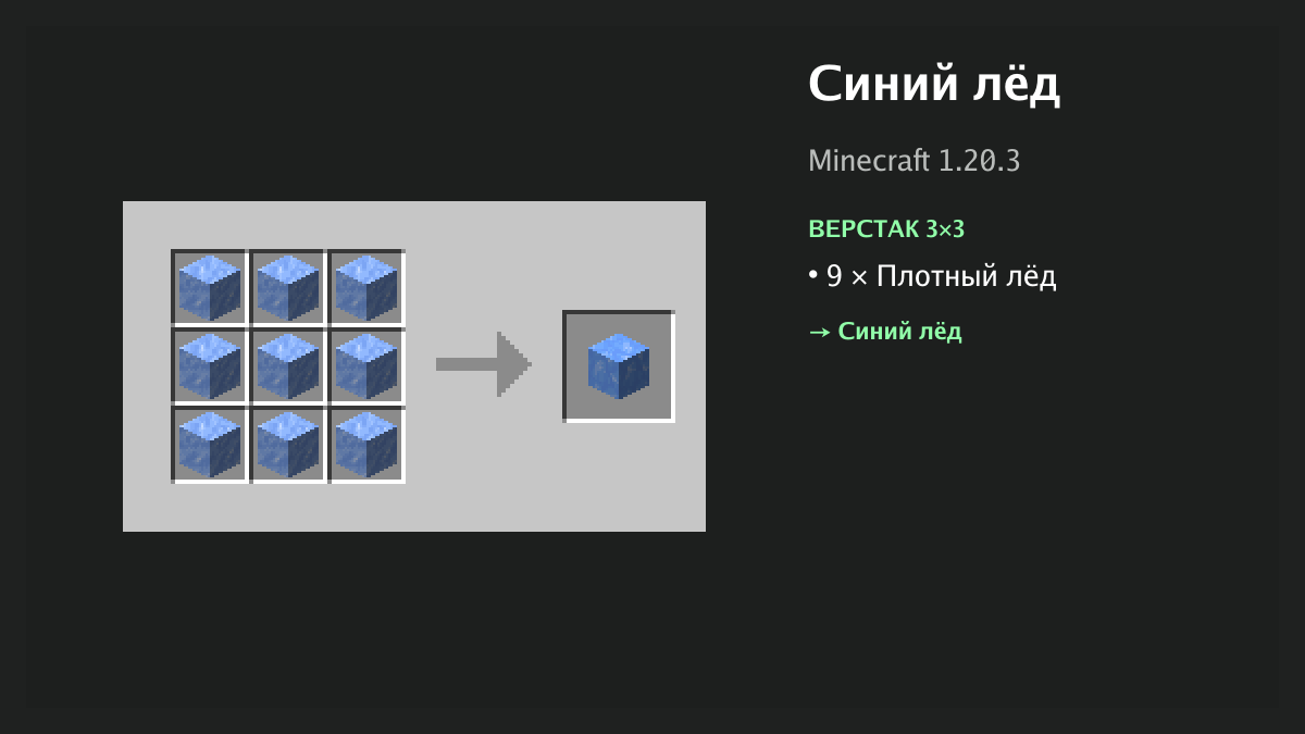 Рецепт: синий лёд в Minecraft — 9 × плотный лёд (верстак 3×3)